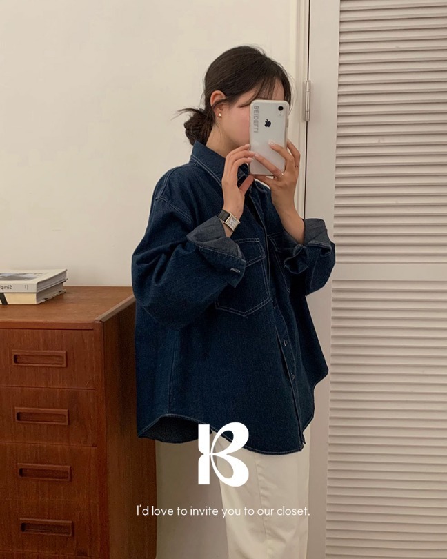 明線復古口袋牛仔襯衫