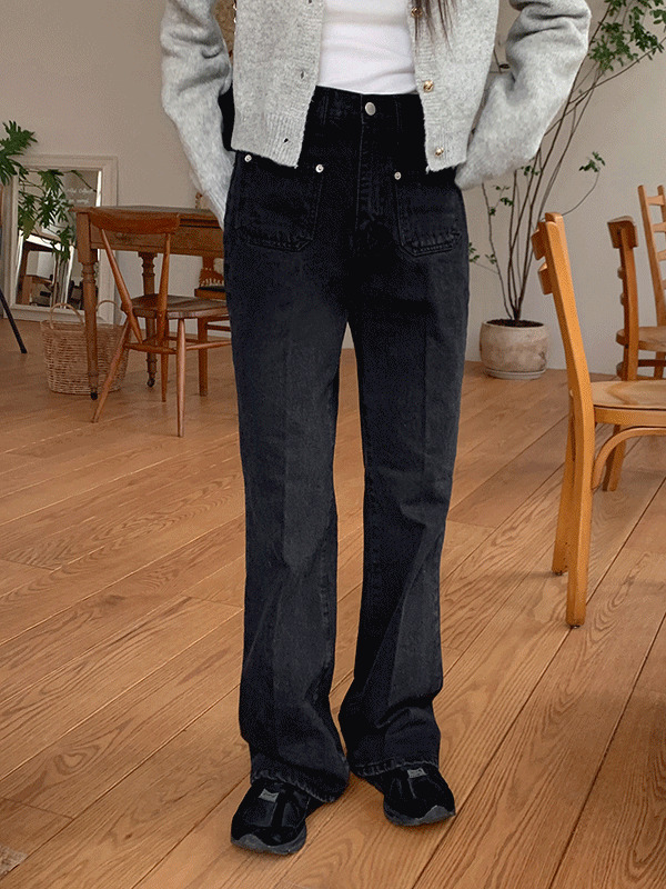 Flee pocket Flared high waist slim black jeans pants 牛仔裤