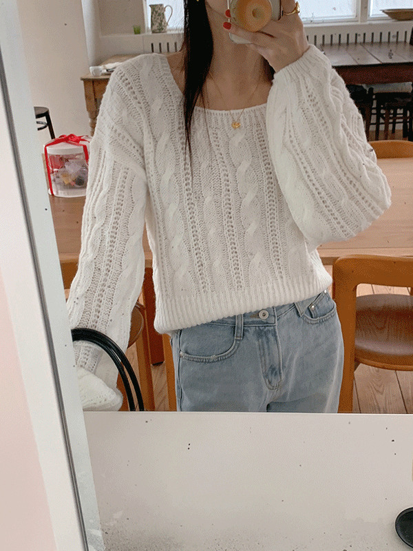 Ruel Twisted Square Neck Cable Spring Crop Knitwear 