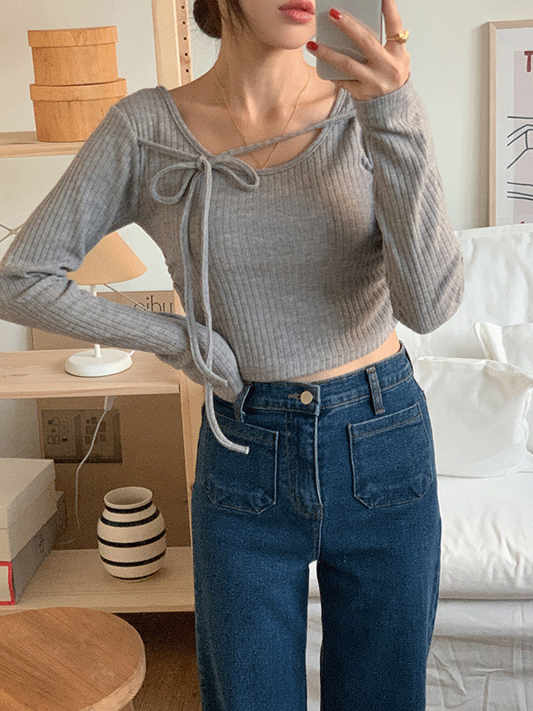 Glass ribbon crop shirring t-shirt (4 colors) ballet core look 针织衫