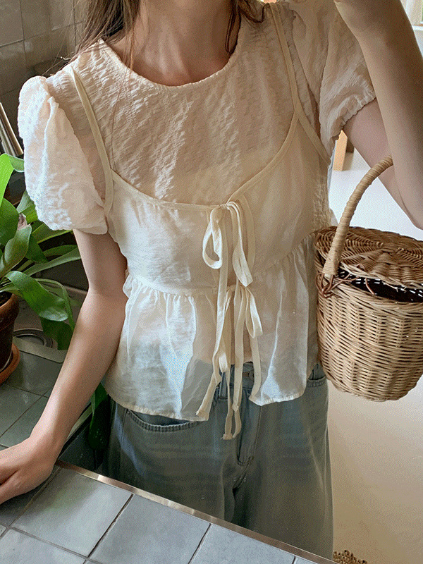 Gela Tencel Ribbon Sleeveless Bustier Layered Summer Blouse 无袖