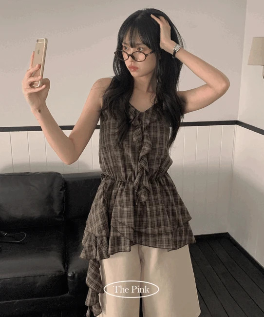 Ham Check Ankle Ruffle Strap Bustier Blouse (Delayed delivery)