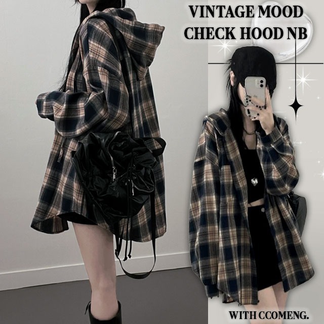 Nerd check hood box fit balloon shirt Shirt 衬衫