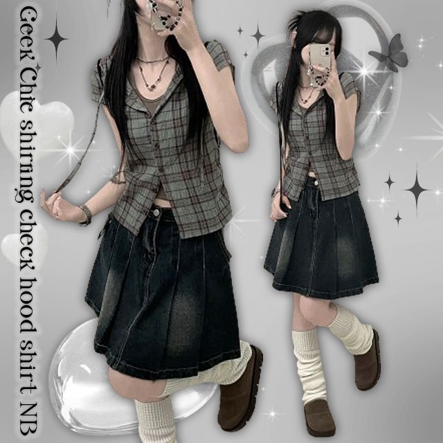 Heather check shirring hooded blouse shirt 衬衫