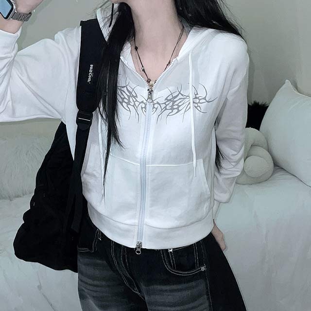 Twin printing vintage printing crop hood zip-up Zip-up