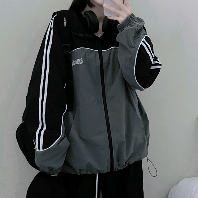 美式拼色寬鬆防風連帽外套
