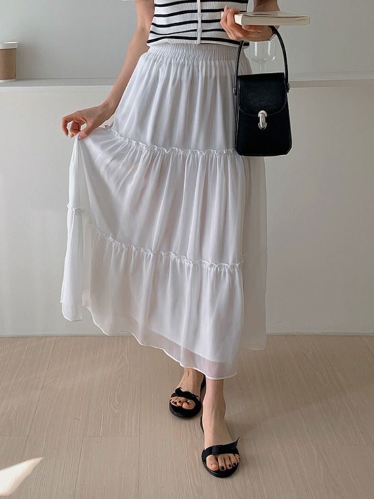 Pleated Chiffon Ringkle Cancan Frill Long Skirt 裙子
