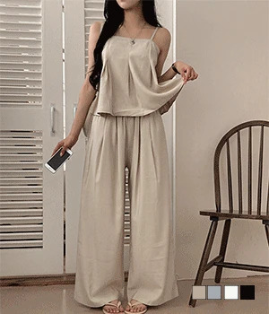 Linen Flare Pintuck Sleeveless + Wide Banding Pants Two-Piece Set
