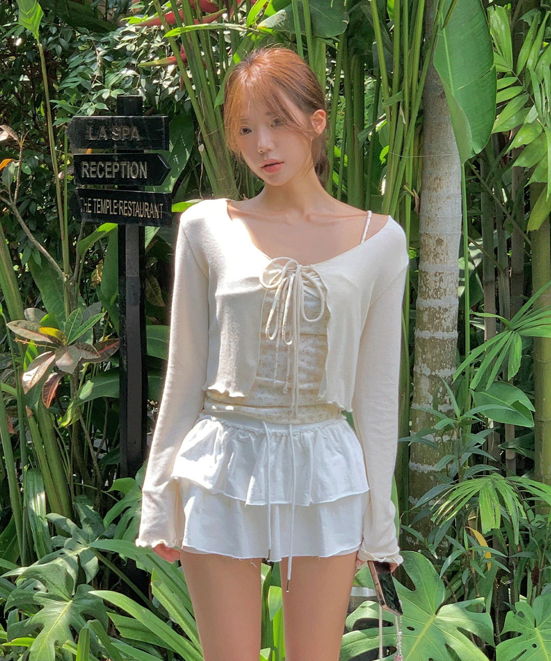 셀로 플라워 뷔스티에 리본 홀터 스트랩 프릴 가디건 나시 세트