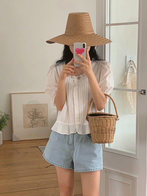 Loving Summer Puff Square Neck Shirring Short Sleeve Blouse 衬衫