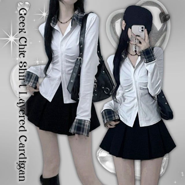 Sao check shirt layered shirring cardigan set