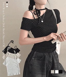 Bomel Two Way Choker Dot Short Sleeve Off-Shoulder T-Shirt