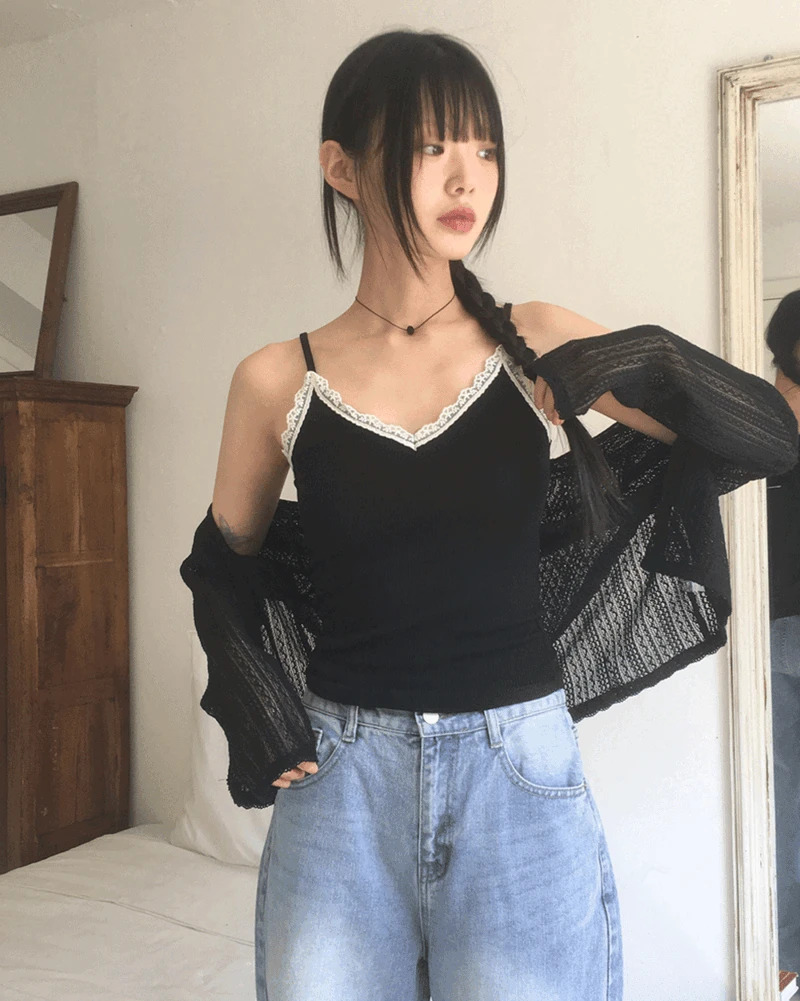 拼色蕾絲無袖上衣