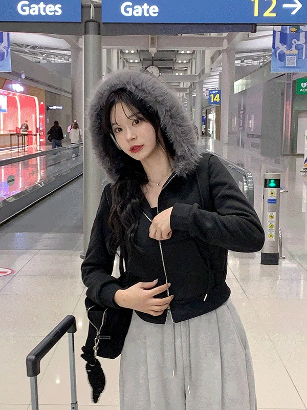 貝奇絨毛連帽拉鍊外套