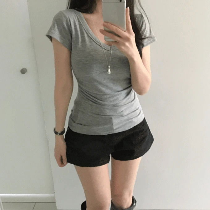 Core V-Neck shirring short sleeve t-shirt -4 colors