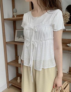 Punching Ribbon 2 Wave Short Sleeve T-shirt & Ribbon Bustier Set