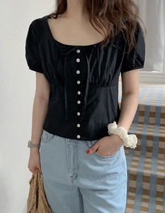 Ribbon short sleeve 2 round blouse