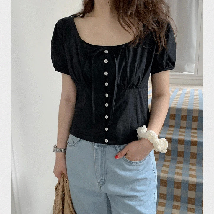 Ribbon short sleeve 2 round blouse