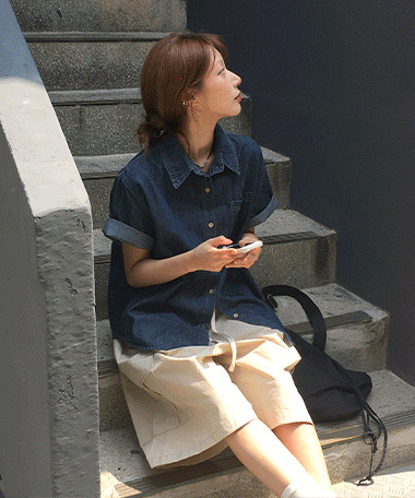 Kurin roll-up short-sleeve denim shirt 衬衫