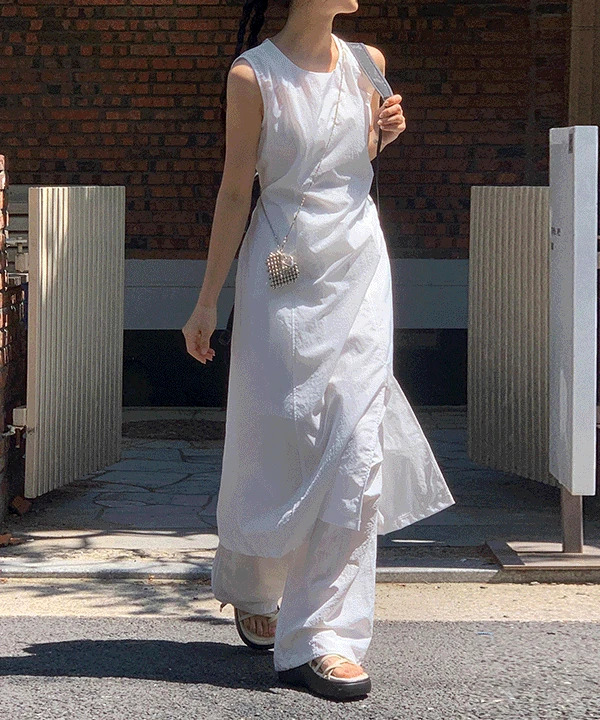 Gale nylon rustled Split sleeveless long Dress -3 colors 连身裙