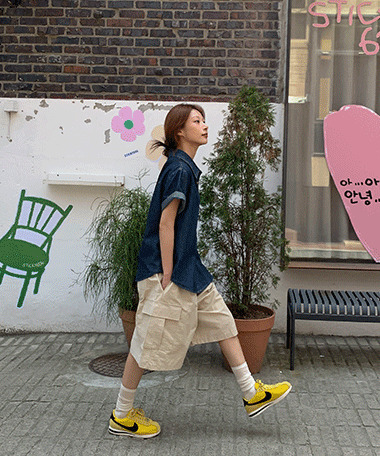 Leaf-up seersucker cargo bermuda pants 短裤