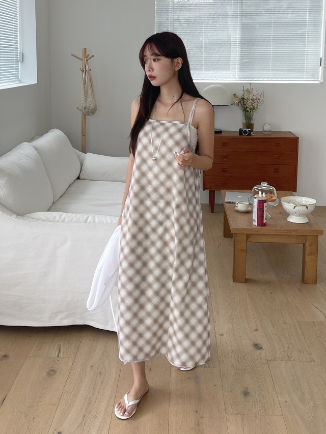 Big size 55-99 Huffyn check layered bustier sleeveless long Dress 長洋裝