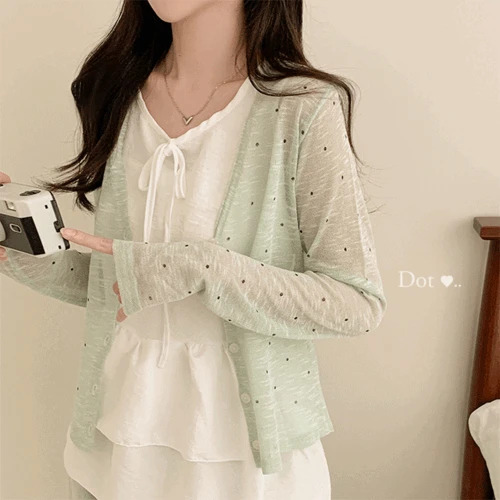 Chaiyu Dot V-Neck See-through Summer Long Sleeve Cardigan