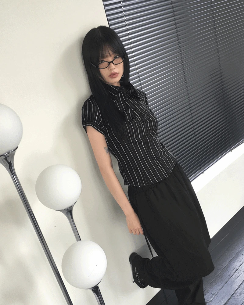 蝴蝶結點綴垂墜袖條紋襯衫