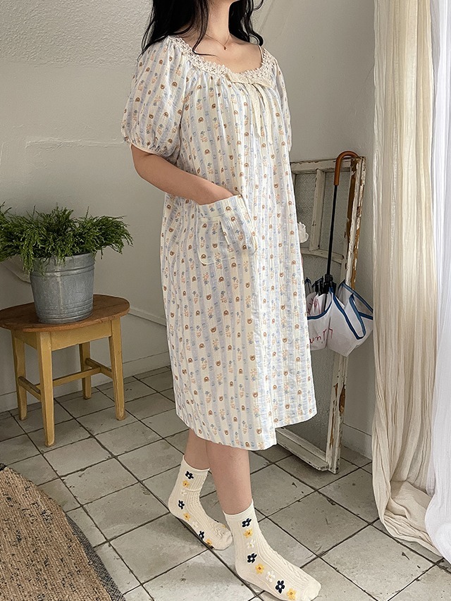 Big size 55-100 Glimt lace bear round neck ribbon lace short sleeve long one Dress yoru pajamas 長洋裝