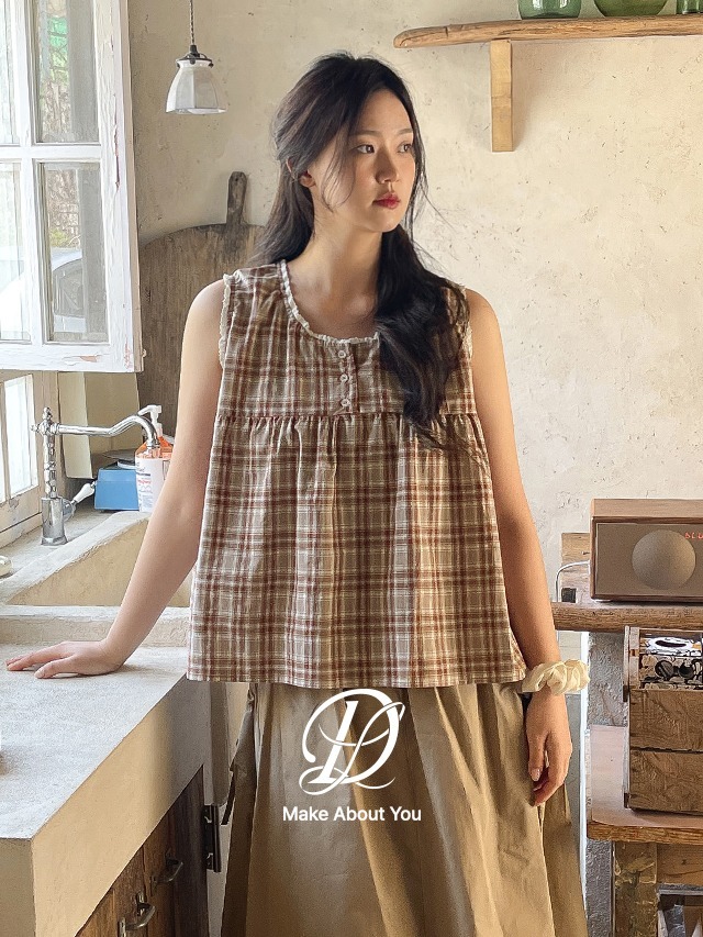 Big size 44-110 Robill check lace cotton sleeveless blouse layered Sleeveless 無袖