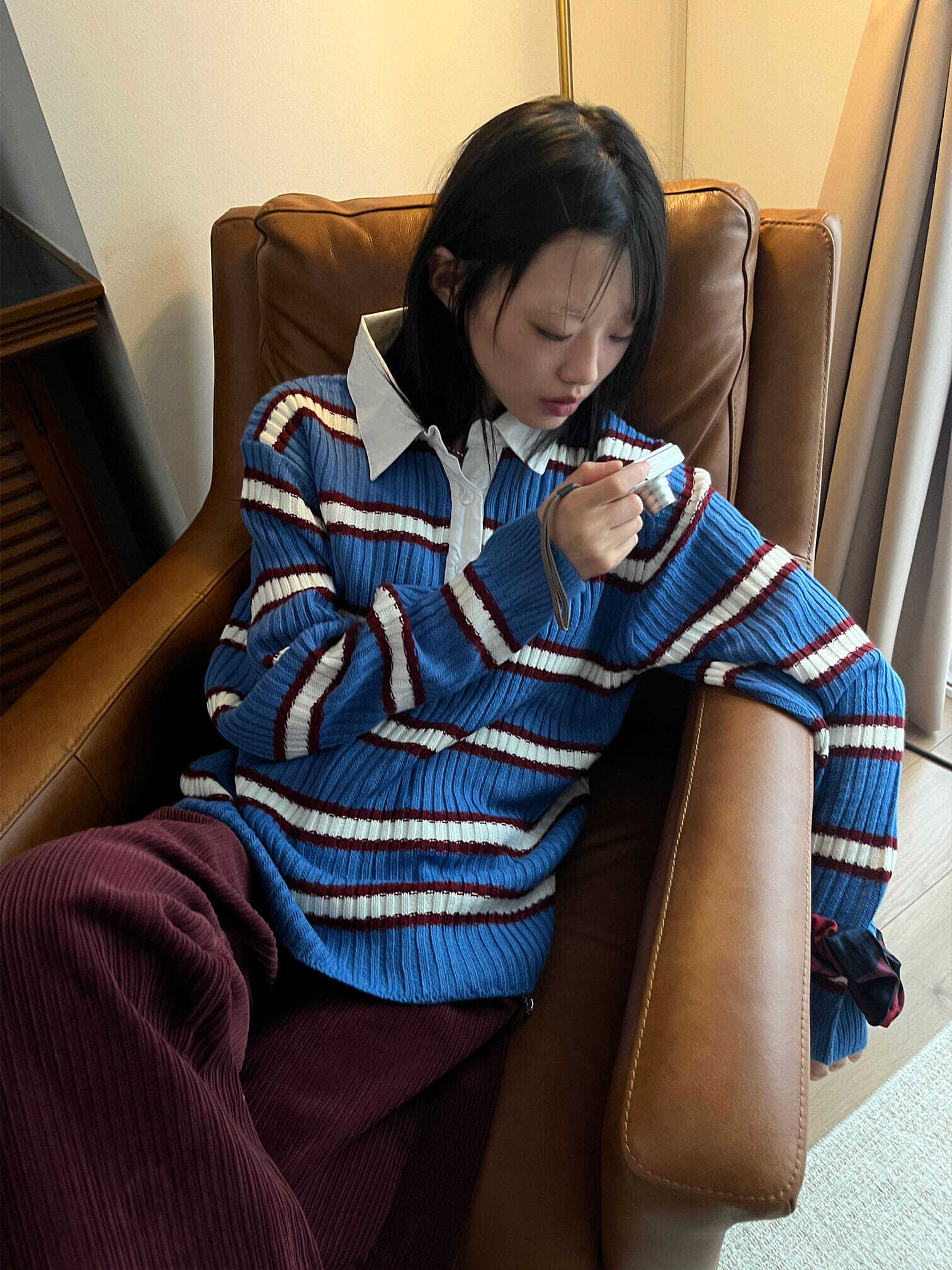 經典學院風條紋立領針織上衣