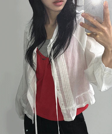 卡麗亞蕾絲百褶荷葉邊開襟外套式襯衫