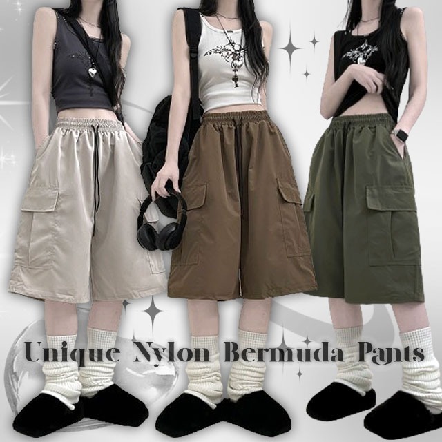 Half nylon cargo bermuda banding short pants 短裤