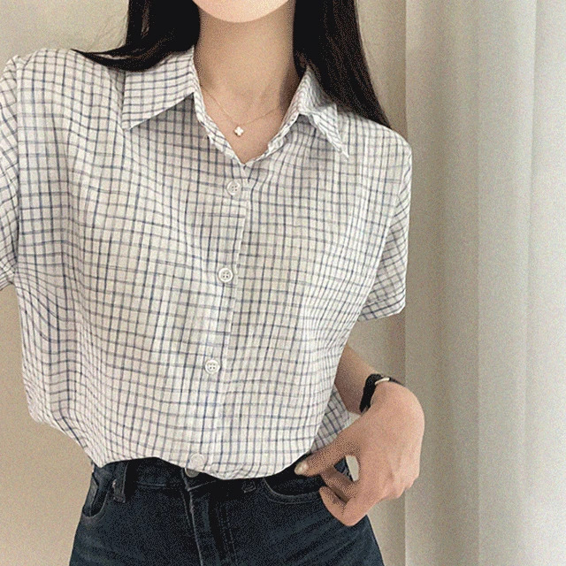 Summer uniform, roll-up check vintage short-sleeved shirt, Shirt 4 colors