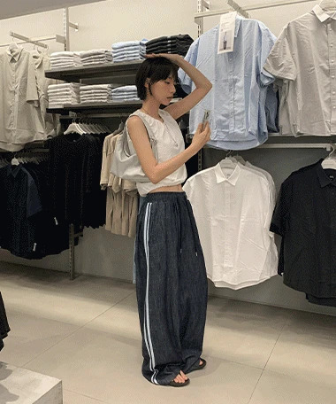 側邊綁帶寬版丹寧長褲