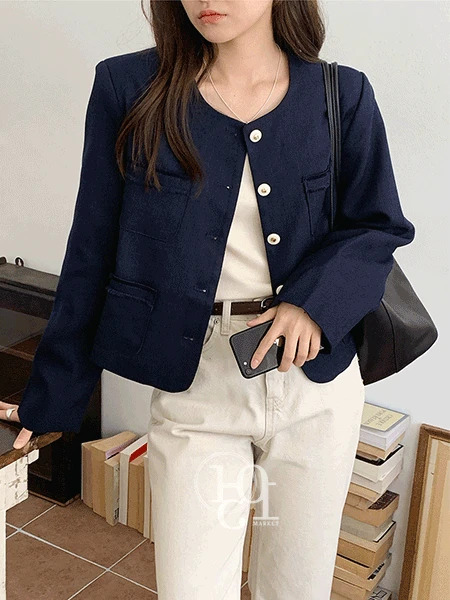 Moren no-collar double pocket jacket 夹克