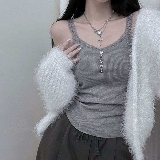 Lace button Fleece-lined string Sleeveless  无袖