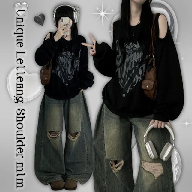 Wiggle Lettering Printing Shoulder Team Box Fit Sweatshirt