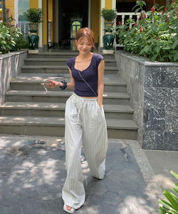 Long D Seersucker Stripe Linen Banding Long Wide Pants