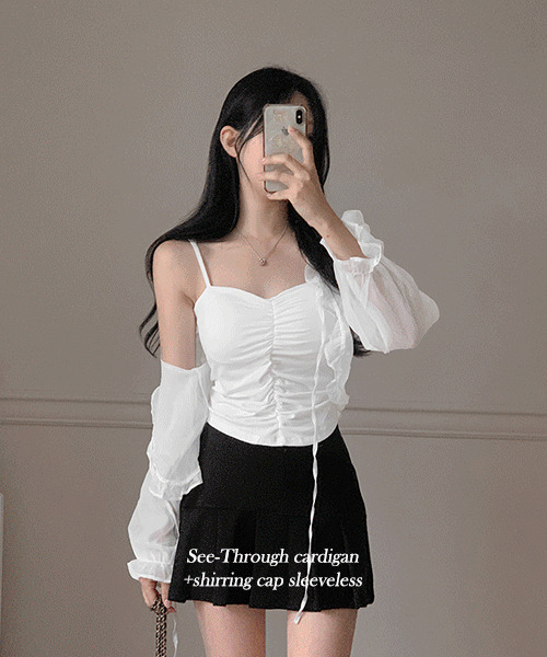 Silky frill see-through cardigan + shirring cap Sleeveless t set 套装