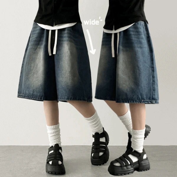 New ring waistband vintage Faded denim bermuda shorts