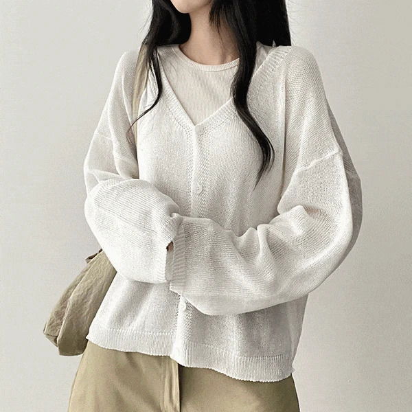 休閒風寬鬆V領亞麻針織外套