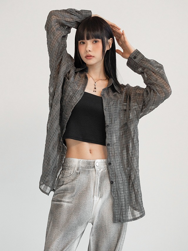 Big size 55-100 Vigne vintage check see-through Loose-fit long sleeve shirt Shirt resort look 衬衫