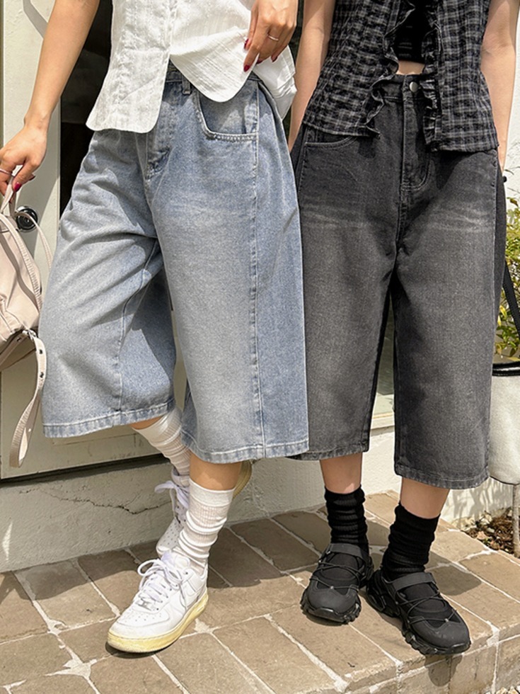 Melantude Pintuck Bermuda Denim Pants Jeans