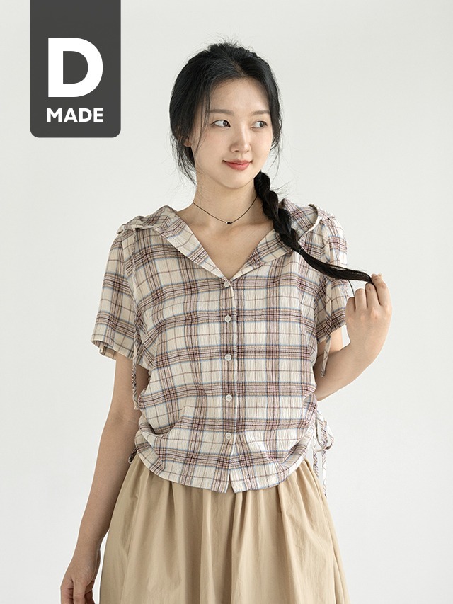 Big size 55-99 Nerdy ringle hood shirring check short sleeve shirt Shirt jacket 衬衫