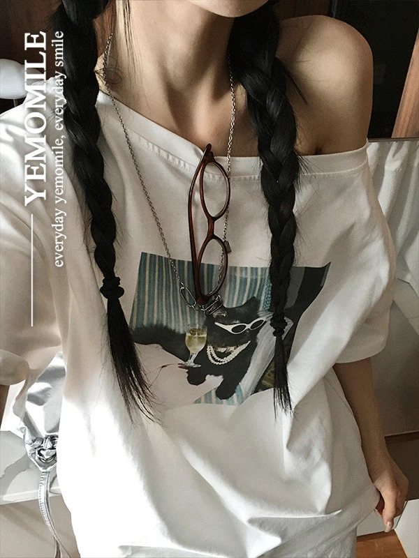 Fish Print Off-Shoulder Short Sleeve T-Shirt