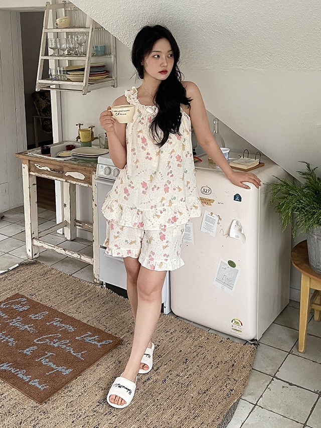 Big Size 55-99 Androdin Cap Built-in Frill Sleeveless Beige Bear Yoru Pajama Sleepwear Set 套裝