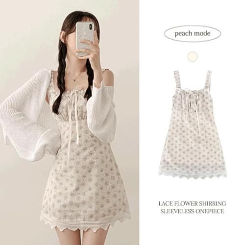 Pacific Lace Flower Shirring Strap Sleeveless Mini Dress