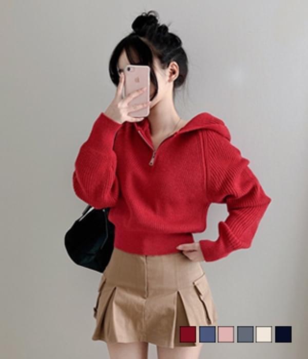 Softy Winter, Cute Kkuanku Half Zip Up Hooded Crop Knitwear