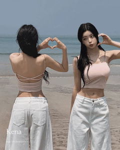 케나 글램 볼륨 캡내장 X끈 백 스트랩 백리스 셔링 끈나시 크롭 일체형 패드나시